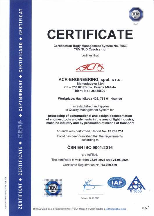 Certifikt ISO 9001 ACR-Engineering